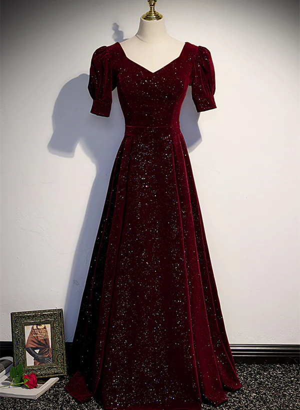Vestido formal largo de terciopelo rojo vino con mangas cortas
